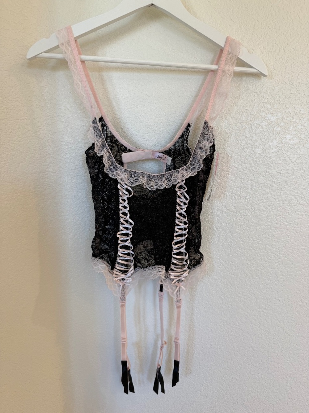 NWT Jezebel Black & Pink Corset Lingerie with Garters Size P/S